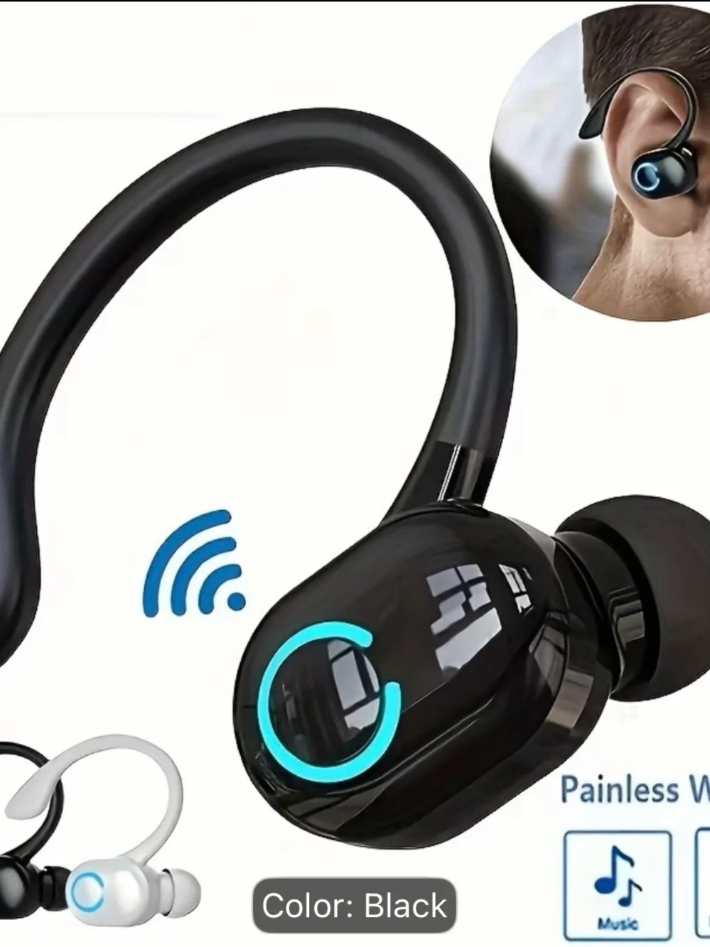 Wireless Bluetooth Earbud with Ear Hook - Black
